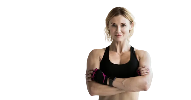 Fit woman in athletic wear with arms crossed, representing anti-aging care
